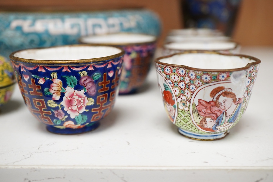 Canton enamel wine cups, European subjects and japanese cloisonne, tallest vase- 15cm high